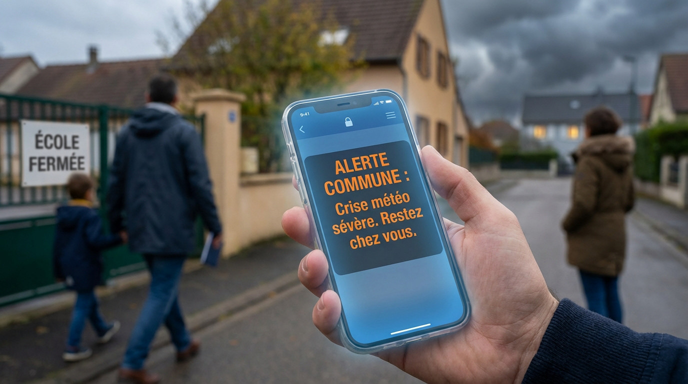 Main tenant un smartphone affichant une alerte météo sévère. À gauche, un parent et un enfant devant une école fermée. À droite, une personne regarde un ciel orageux.