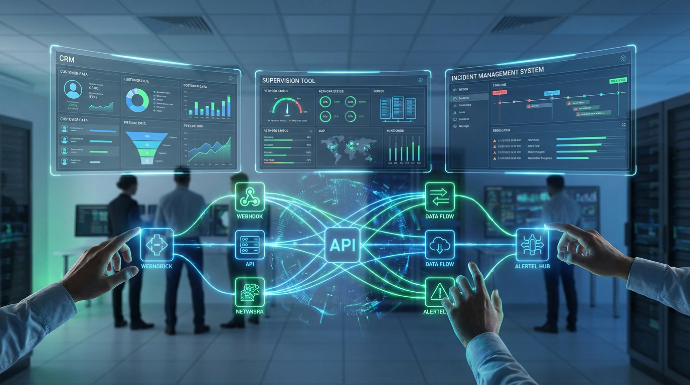 Holographic display showing Alertel integrating business systems (CRM, supervision, incident management) via API/webhooks, with hands interacting.