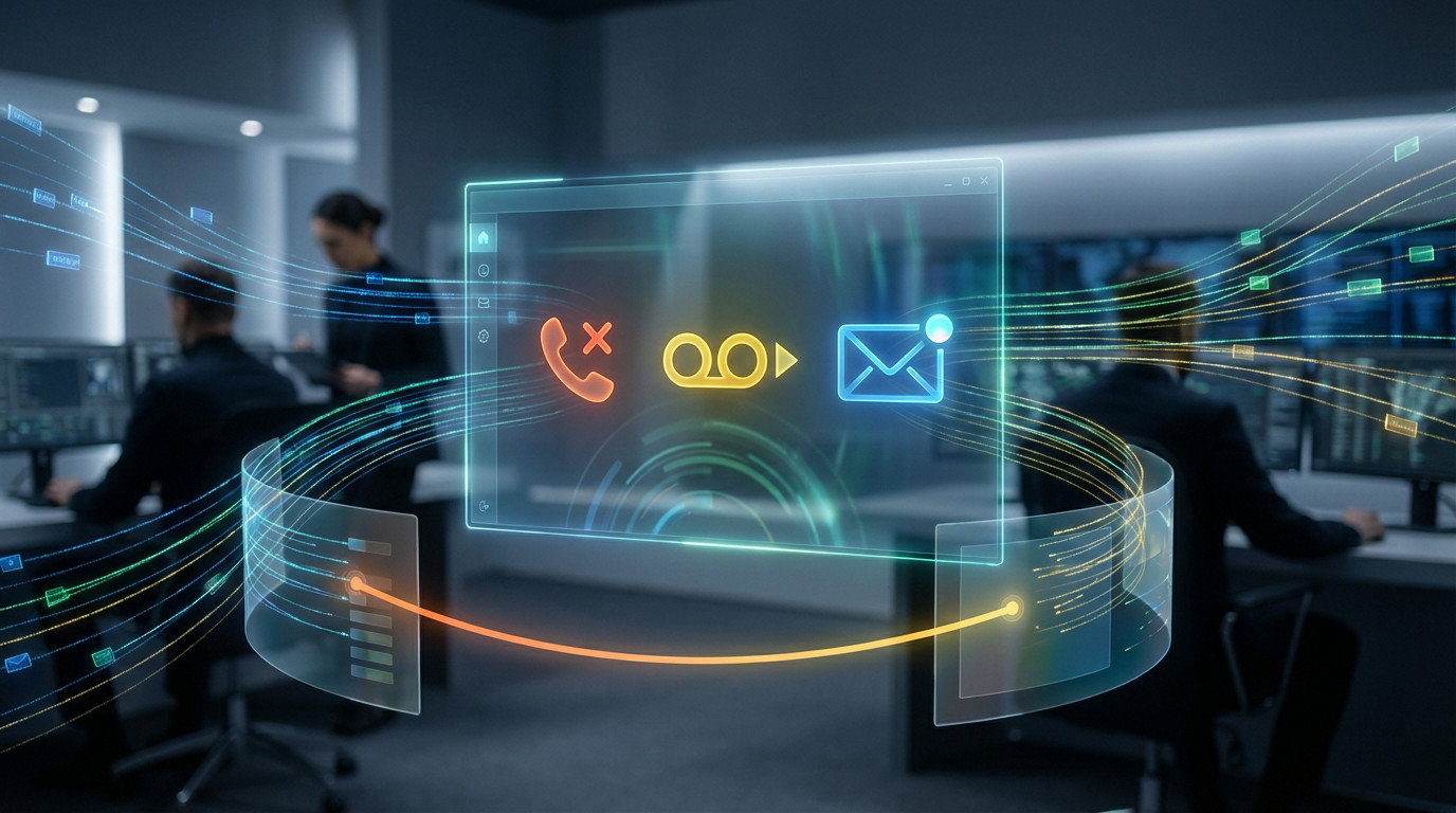 A futuristic control room with blurred figures. A central glowing holographic interface displays missed call, voicemail, and email alerts, surrounded by data streams. An orange line connects interface sections.