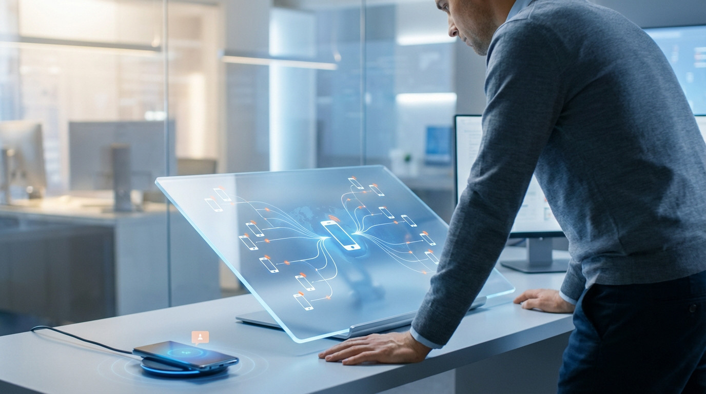 Man monitors a futuristic transparent display showing interconnected phone icons for an automated alert system. A smartphone glows with a notification.