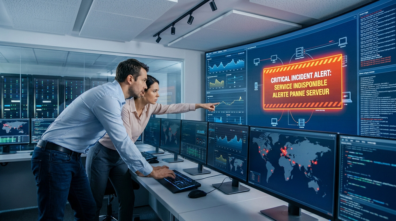 Deux personnes dans un centre de contrôle IT, une pointant une alerte "service indisponible" sur un grand écran, l'autre au clavier.