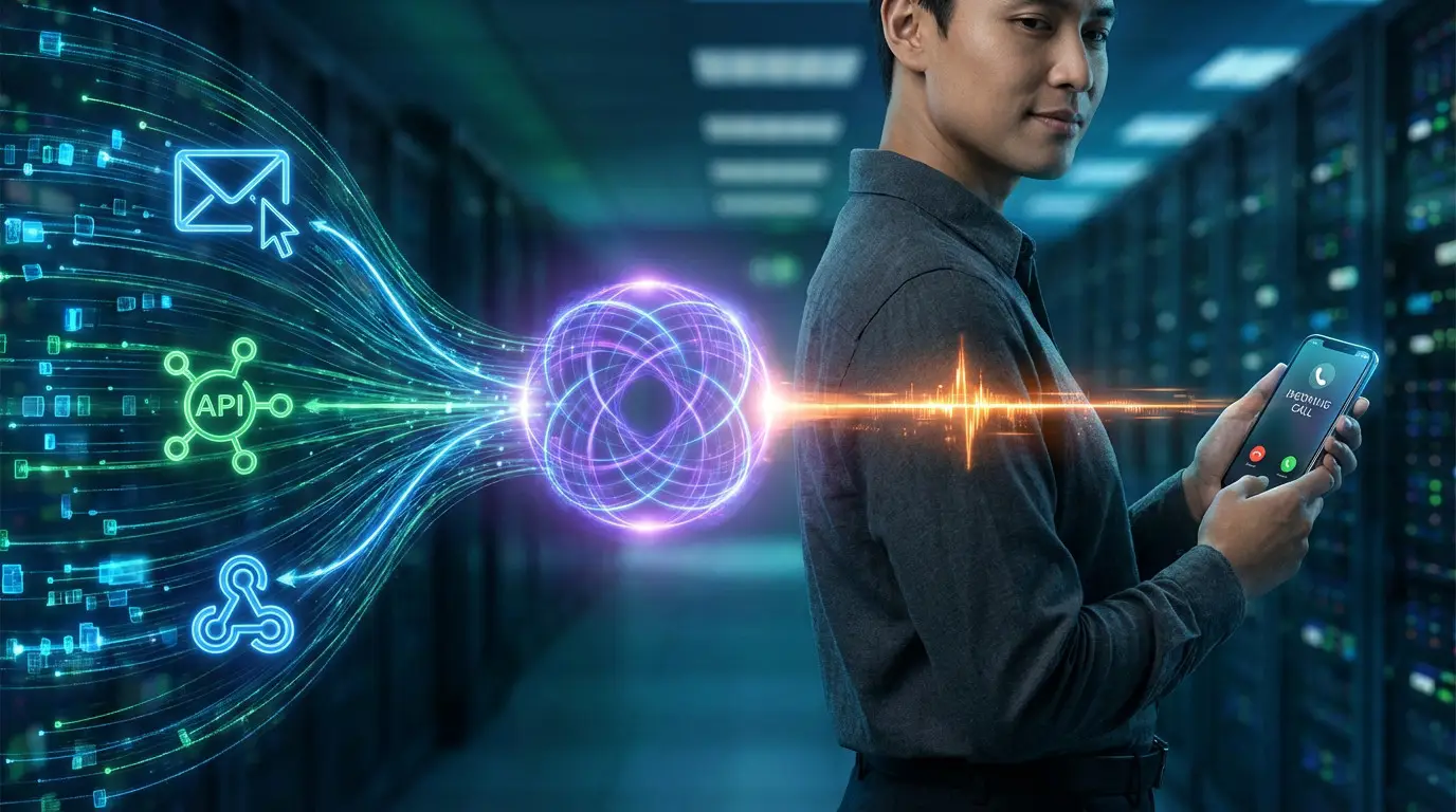 Man receives call on smartphone, connected to a glowing automation sphere fed by email, API, webhook data streams, in a data center.