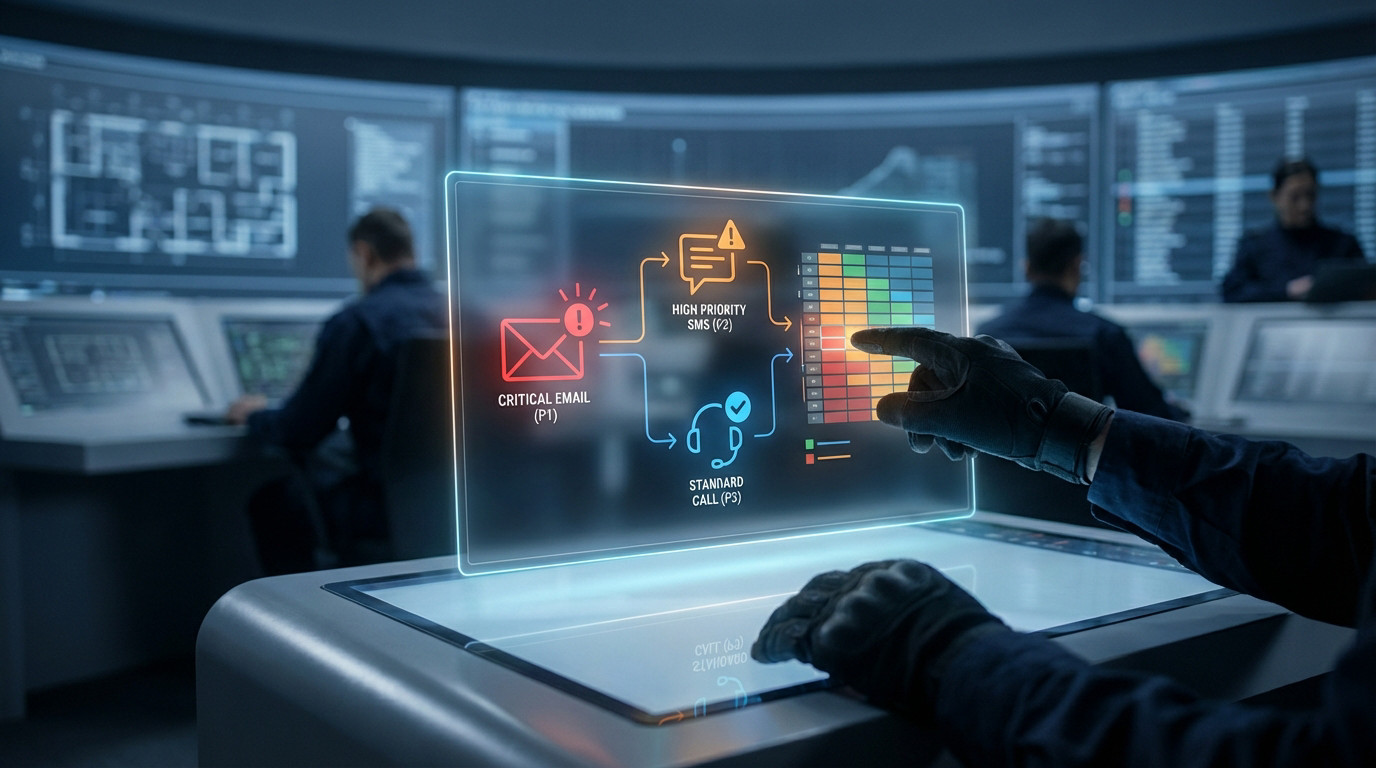 Gloved hand interacts with a glowing holographic display showing color-coded critical email, high priority SMS, and standard call data in a command center.