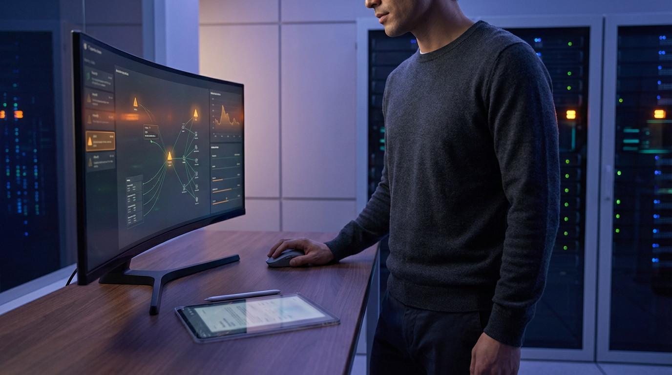 IT professional in dark sweater monitoring complex data on a curved screen in a modern data center, tablet on desk.